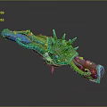 3D Rendered Fantasy Rifle Weapon With Colorful Green Blue Spikes And Decorative Details
