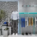 Clothing Store Display Shelves With Hanging Apparel Mannequin Potted Plant And Shoes