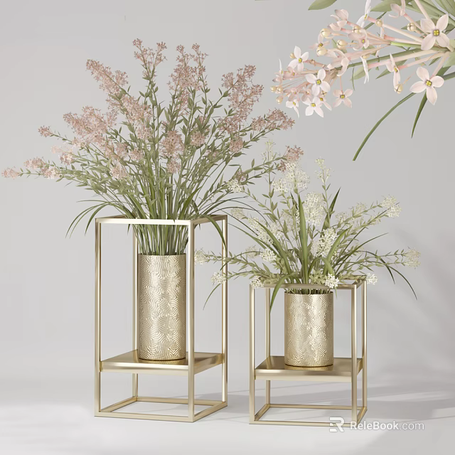 Two Golden Vases with Pink and White Flowers on Metal Stands for Interior Decor 3d model 
