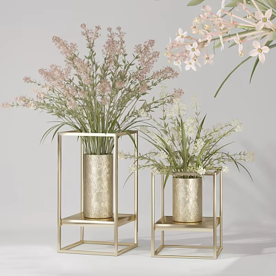 Two Golden Vases with Pink and White Flowers on Metal Stands for Interior Decor 3d model
