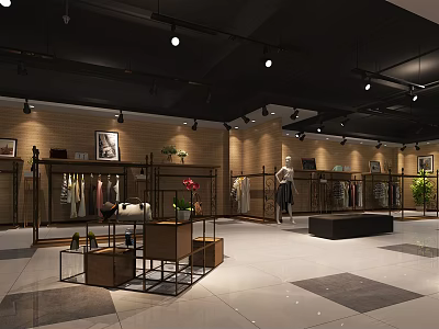 Modern Clothing Store Interior With Mannequins Clothing Racks And Display Shelves 3d model