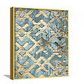 Blue And Gold Geometric Decorative Wall Art With Frames Hanging On Gray Wall