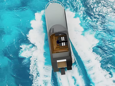 Sleek Yacht Cruising On Blue Sea With White Wake And Wooden Cabin Interior 3d model