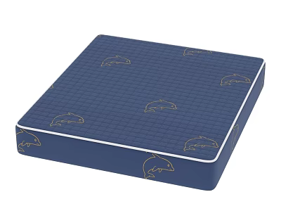 Comfortable Blue Double Bed Mattress With Grid Texture And Gold Dolphin Patterns 3d model