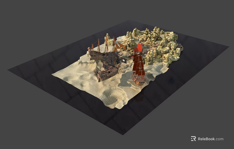 Realistic Micro Terrain Model With Sand Rocks Ship And Lighthouse Elements 3d model 