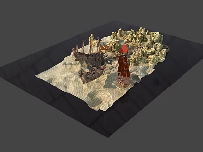 Realistic Micro Terrain Model With Sand Rocks Ship And Lighthouse Elements 3d model