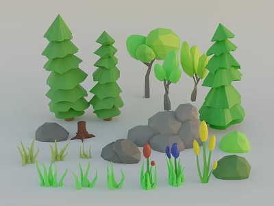 Cartoon Nature Scene with Low Poly Trees Rocks Grass and Colorful Flowers 3d model