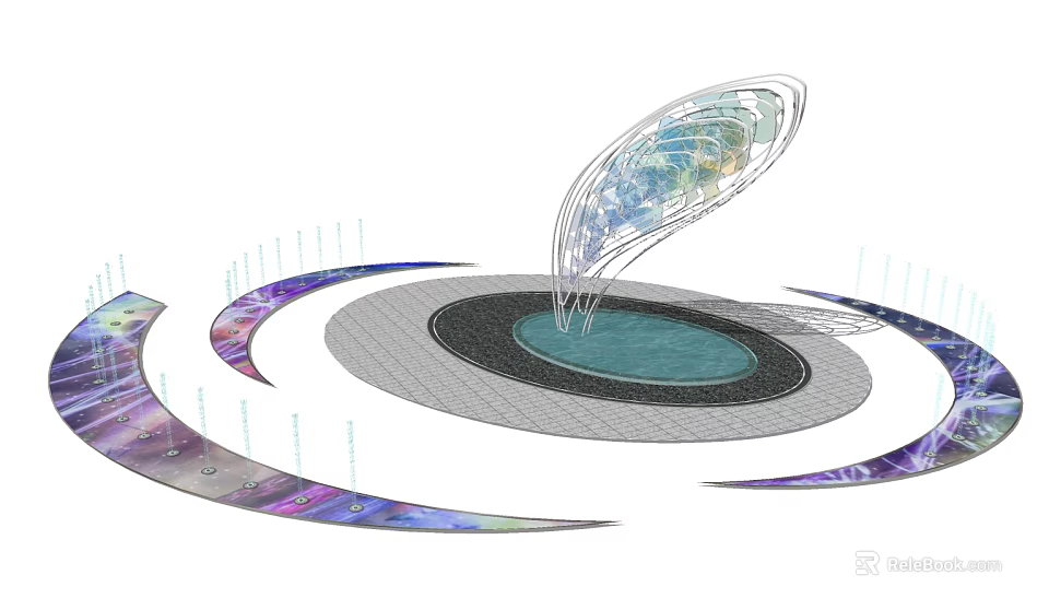 Colorful Garden Ornament With Central Water Pool And Curved Transparent Structures 3d model 