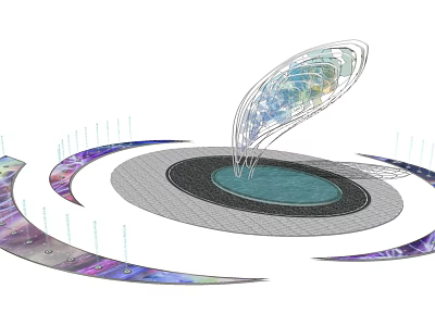 Colorful Garden Ornament With Central Water Pool And Curved Transparent Structures 3d model