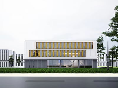 Industrial Factory Building With White Exterior Yellow Horizontal Windows Roadside Green Lawn And Trees 3d model