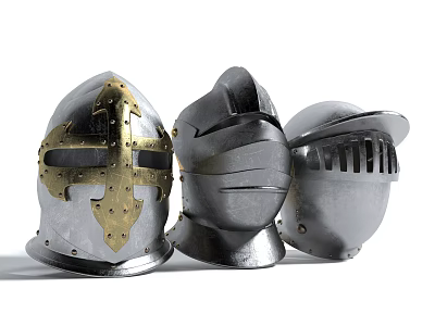 Three Medieval Knight Helmets With Antique Metal Construction And Various Designs 3d model