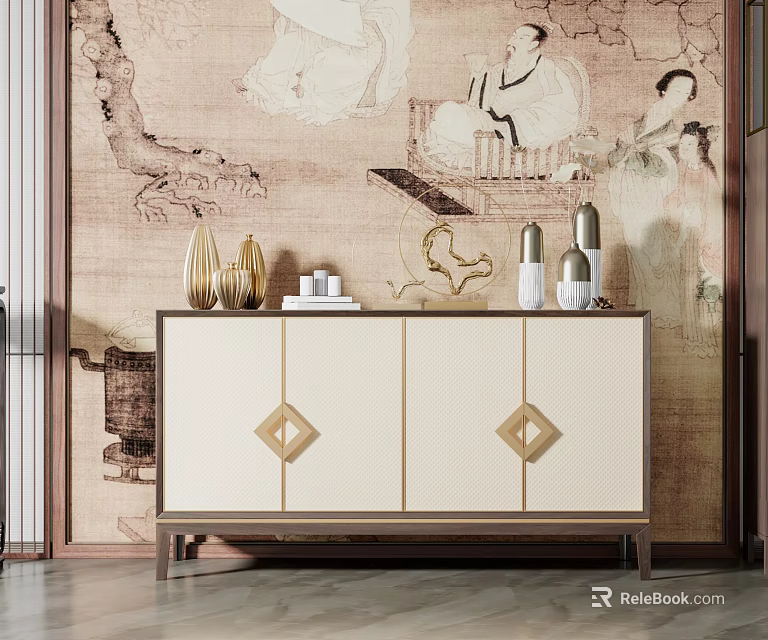 Elegant Modern Console Cabinet Sideboard With Beige Gold Diamond Pattern And Decorative Ornaments 3d model