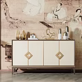 Elegant Modern Console Cabinet Sideboard With Beige Gold Diamond Pattern And Decorative Ornaments 3d model