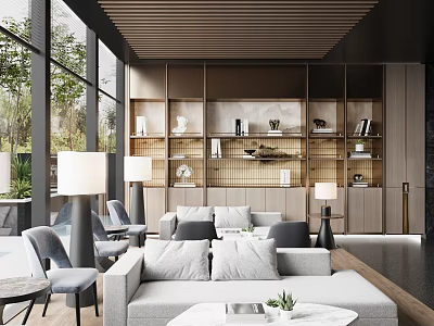 Modern Sales Office Interior With Large Windows Comfortable Sofa And Display Shelves 3d model