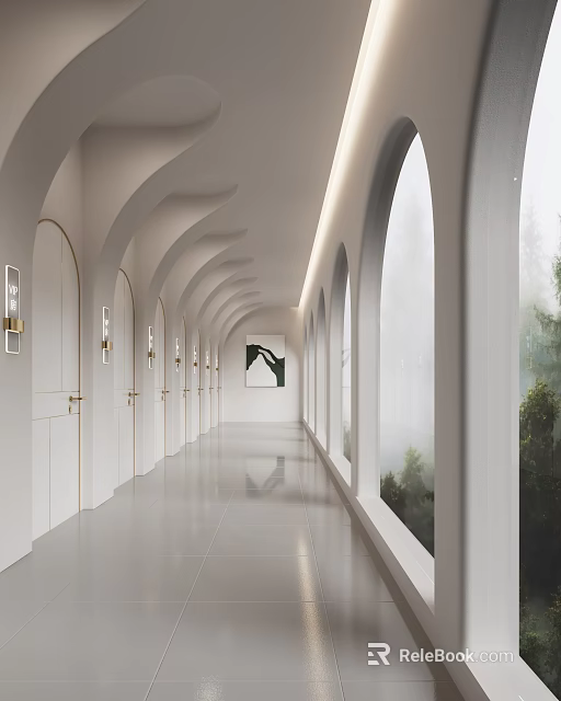 Hotel Lobby White Arched Corridor With Polished Floor Windows Green Plants And Wall Painting 3d model 