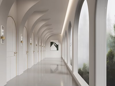 Hotel Lobby White Arched Corridor With Polished Floor Windows Green Plants And Wall Painting 3d model