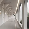 Hotel Lobby White Arched Corridor With Polished Floor Windows Green Plants And Wall Painting