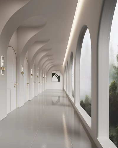 Hotel Lobby White Arched Corridor With Polished Floor Windows Green Plants And Wall Painting 3d model