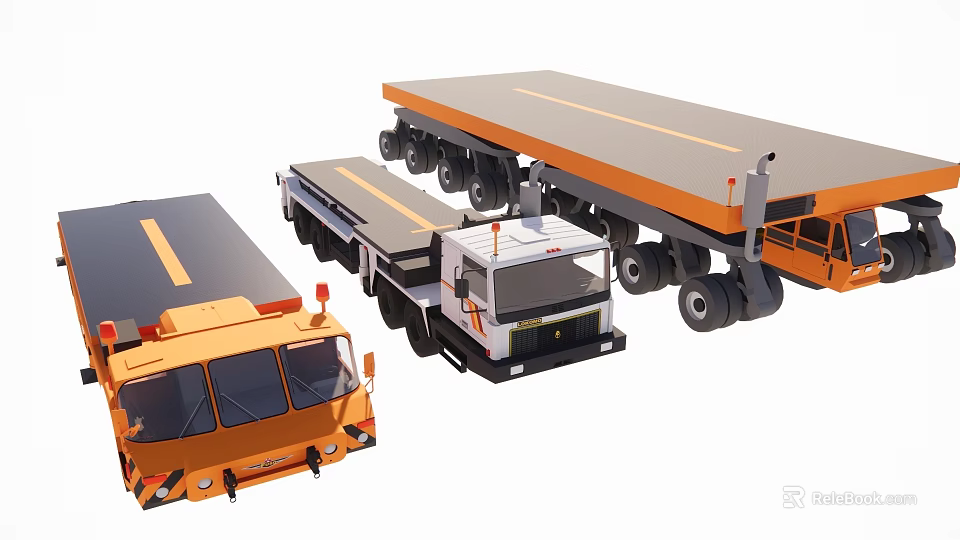 Functional Flatbed Vehicles Including Orange And White Trucks With Multiple Sizes 3d model