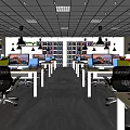 Modern Open Office Space With Desks Computers Ergonomic Chairs Bookshelves And Pendant Lights