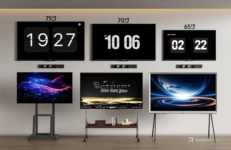 75 70 65 Inch Televisions Wall Mounted and on Stands with Dynamic Digital Displays 3d model 