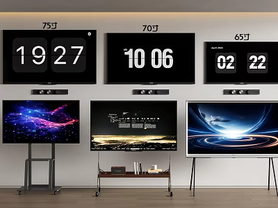 75 70 65 Inch Televisions Wall Mounted and on Stands with Dynamic Digital Displays 3d model