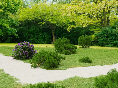Garden Landscape Design With Green Lawn Curved Walkway Purple Flower Bushes And Trees 3d model