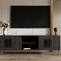 Modern Wooden TV Stand With Metal Handles Drawers Open Shelves Vase And Books On Top