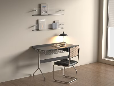 Modern Desk Setup With Chair Lamp And Books On Wall Shelves 3d model