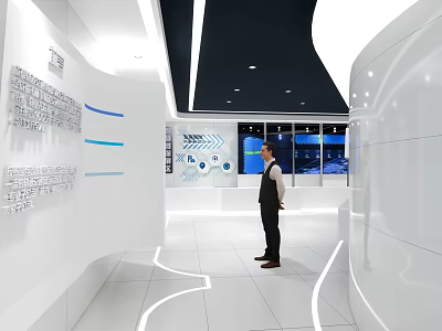 Modern Exhibition Hall Interior With White Curved Walls Lighting And Displayed Information 3d model
