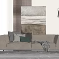 Modern Beige Two Seater Sofa with Decorative Pillows Cozy Throw Blanket and Abstract Wall Art