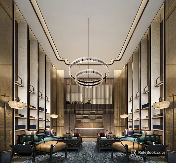 Modern Luxury Lounge Interior With Circular Chandeliers Wooden Panel Walls And Comfortable Sofas 3d model 