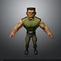 Muscular Male Character With Green Sleeveless Shirt Khaki Pants And Serious Expression