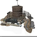 Modern Industrial Storage Facility With Rusty Water Tank Metal Fence Pipes Barrels And Equipment