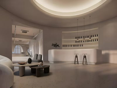 Minimalist Clothing Store Interior With White Sofa Coffee Tables Bar Counter And Hanging Lights 3d model