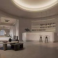 Minimalist Clothing Store Interior With White Sofa Coffee Tables Bar Counter And Hanging Lights