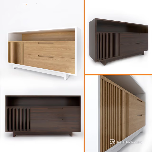 Modern Wooden TV Stand With Slatted Front Drawers And Light Dark Wood Finishes 3d model 