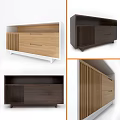Modern Wooden TV Stand With Slatted Front Drawers And Light Dark Wood Finishes