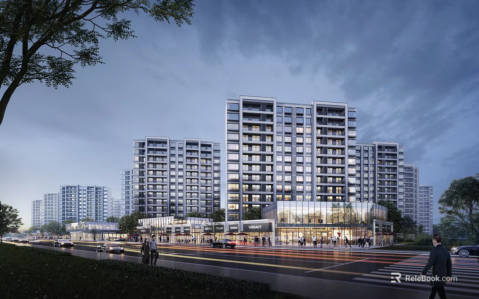 Modern Commercial Street With High Rise Buildings Pedestrians And Cars At Dusk 3d model 