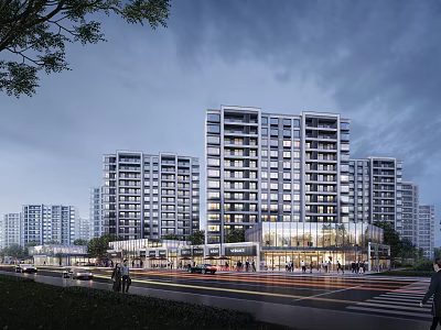 Modern Commercial Street With High Rise Buildings Pedestrians And Cars At Dusk 3d model