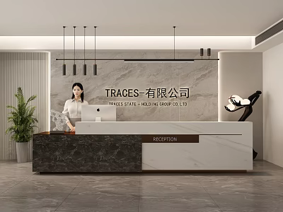 Hotel Lobby Interior With Modern Reception Desk Pendant Lights And Green Plant 3d model
