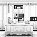 Ornate Carved Wooden Desk With Large Bookcase Books Decorations And Table Lamp