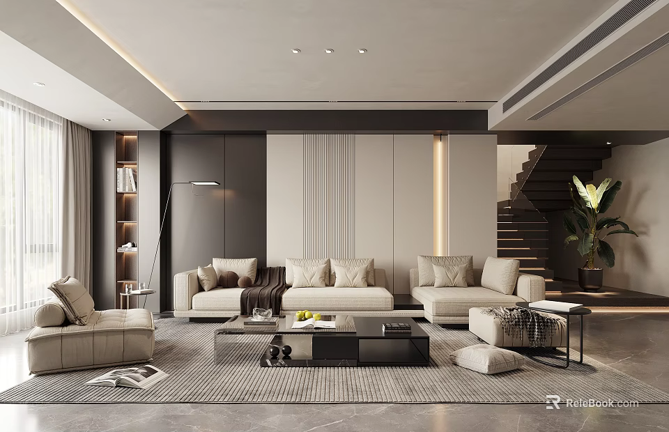 Modern Living Room Interior With Sofa Coffee Table Bookshelf And Staircase Plant 3d model 