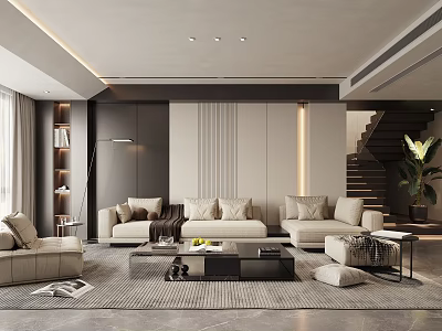 Modern Living Room Interior With Sofa Coffee Table Bookshelf And Staircase Plant 3d model