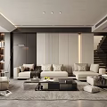 Modern Living Room Interior With Sofa Coffee Table Bookshelf And Staircase Plant
