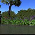 Woman Standing By Palm Tree With Purple Hydrangeas Green Plants And Blue Sky