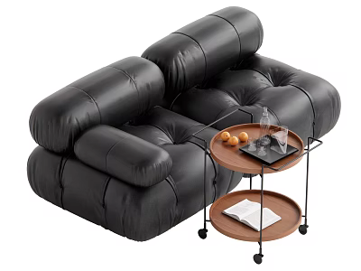 Black Leather Modern Two Seater Sofa With Wooden Rolling Side Table Holding Fruits And Book 3d model