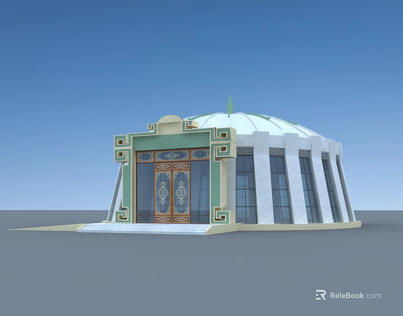 Traditional Dome Architecture Featuring Green Decorations Wooden Door And Glass Windows 3d model 