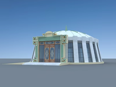 Traditional Dome Architecture Featuring Green Decorations Wooden Door And Glass Windows 3d model