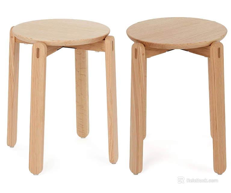 Two Modern Wooden Stools with Round Seat and Simple Legs 3d model 